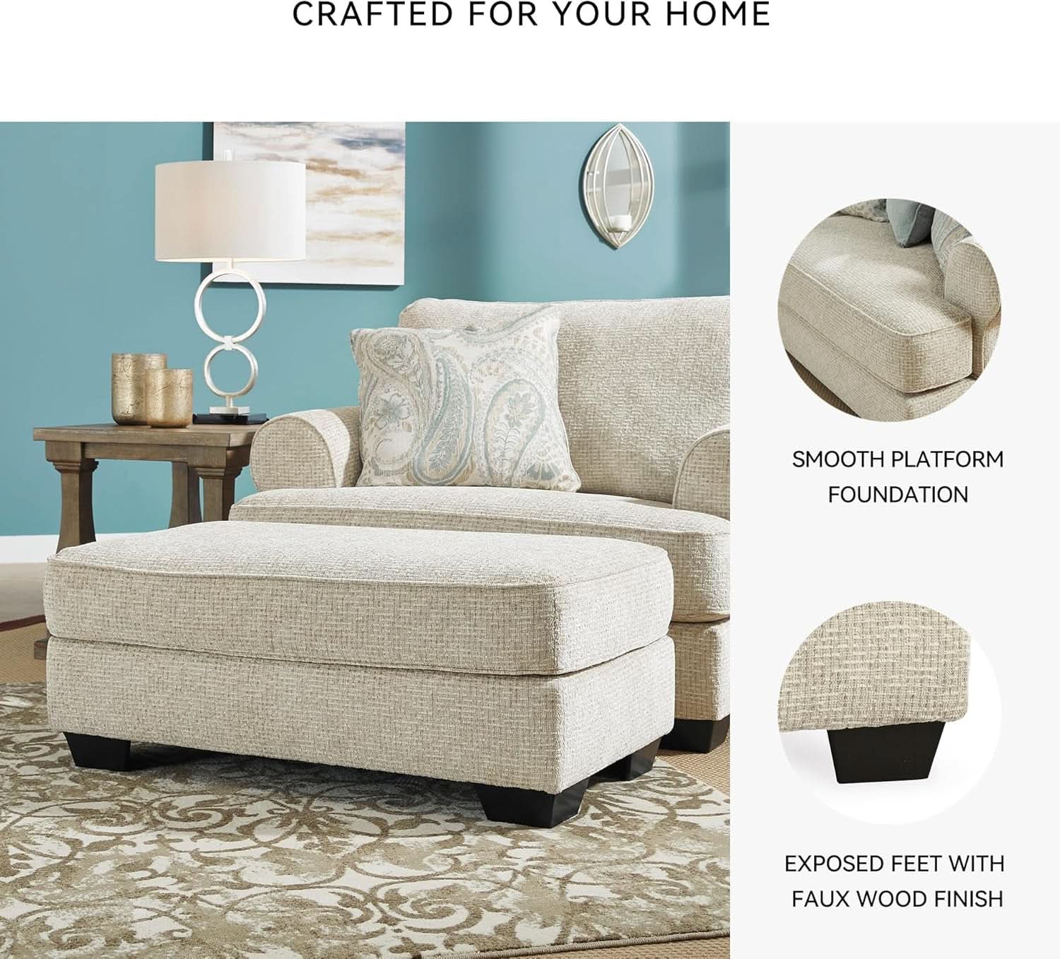 Beige Chenille Upholstered Ottoman With Cushioned Comfort