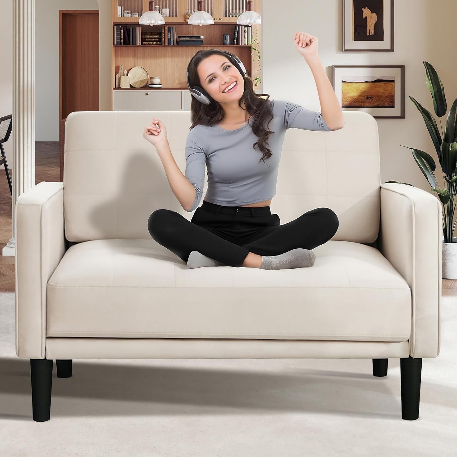Beige Comfy Loveseat Sofa Ideal For Small Spaces