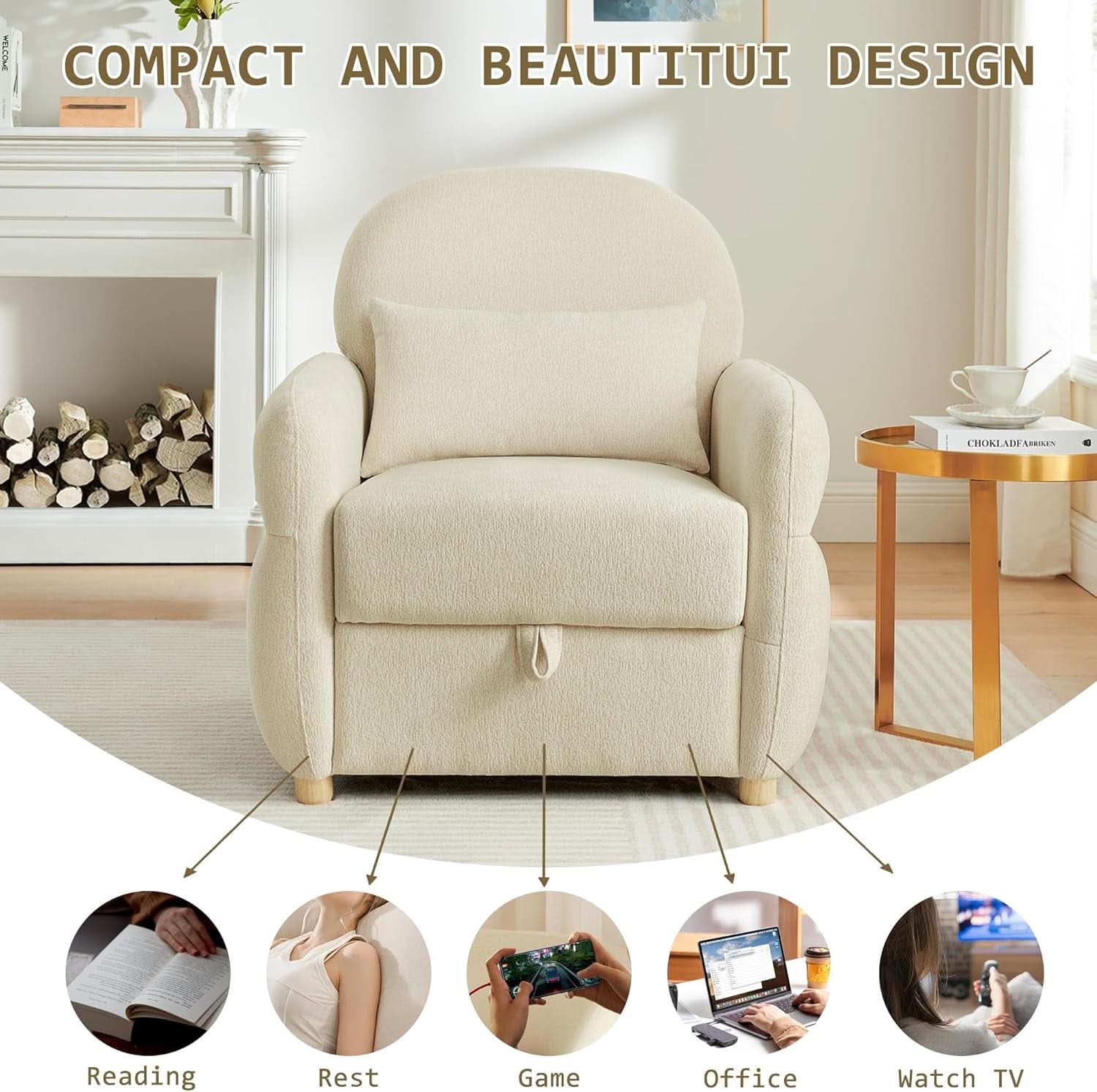 Beige Contemporary Accent Chair With Generous Storage
