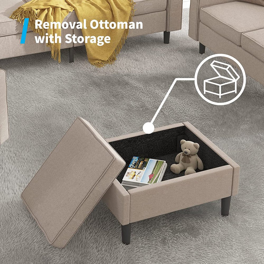 Beige Convertible Sectional Sofa Set With Storage Ottoman