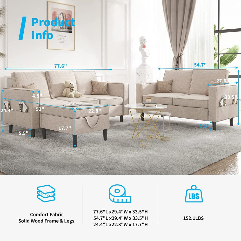 Beige Convertible Sectional Sofa Set With Storage Ottoman