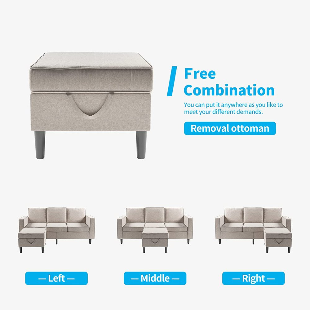 Beige Convertible Sectional Sofa Set With Storage Ottoman