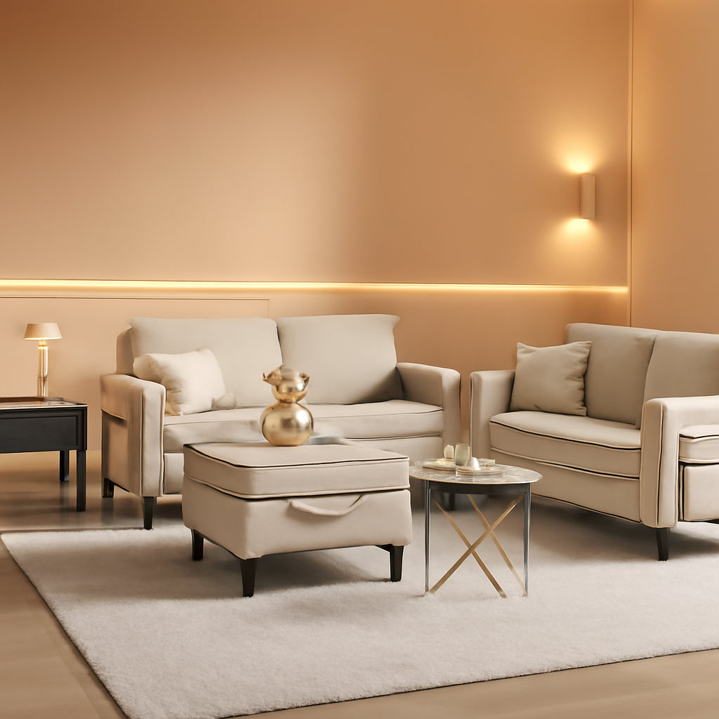 Beige Convertible Sectional Sofa Set With Storage Ottoman