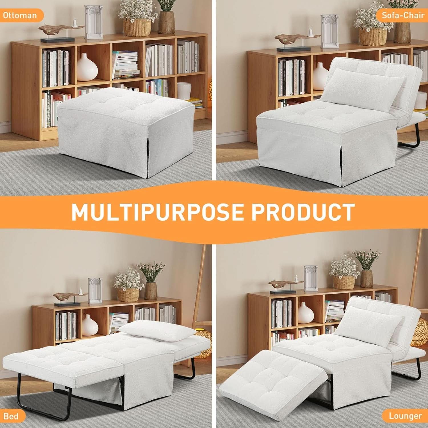 Beige Convertible Sofa Bed With Adjustable Backrest