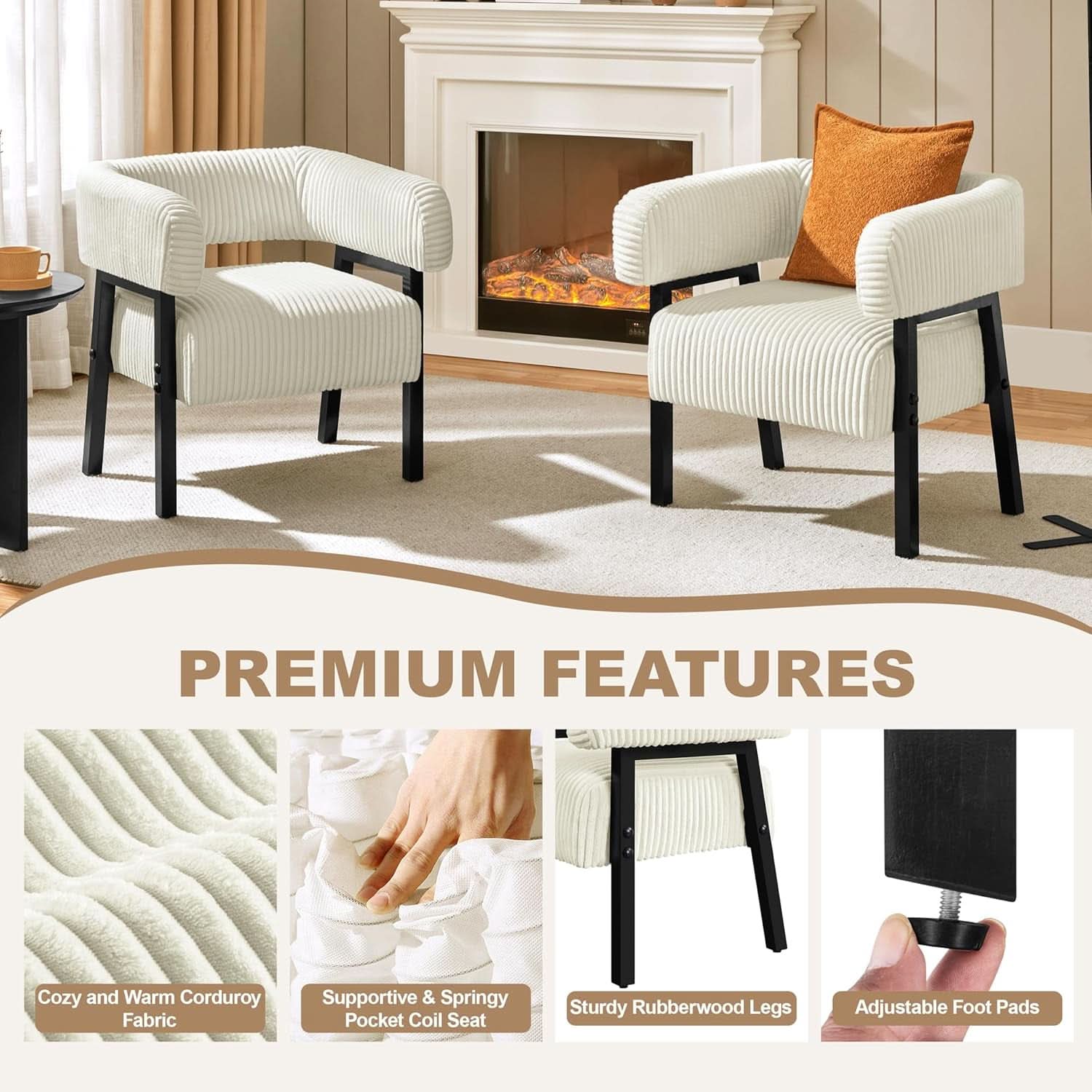Beige Corduroy Barrel Chair Set Of 2 With Wood Legs