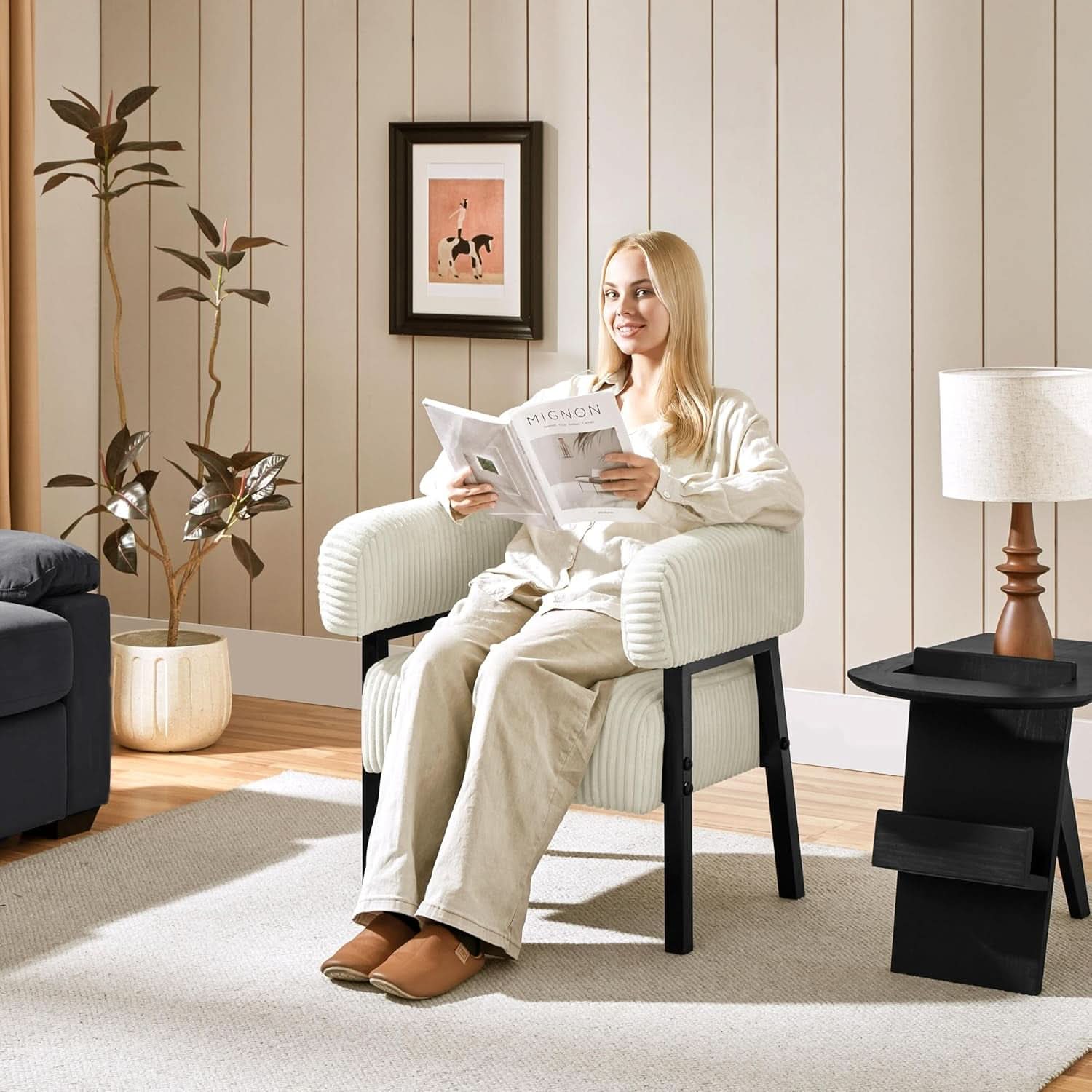 Beige Corduroy Barrel Chair Set Of 2 With Wood Legs