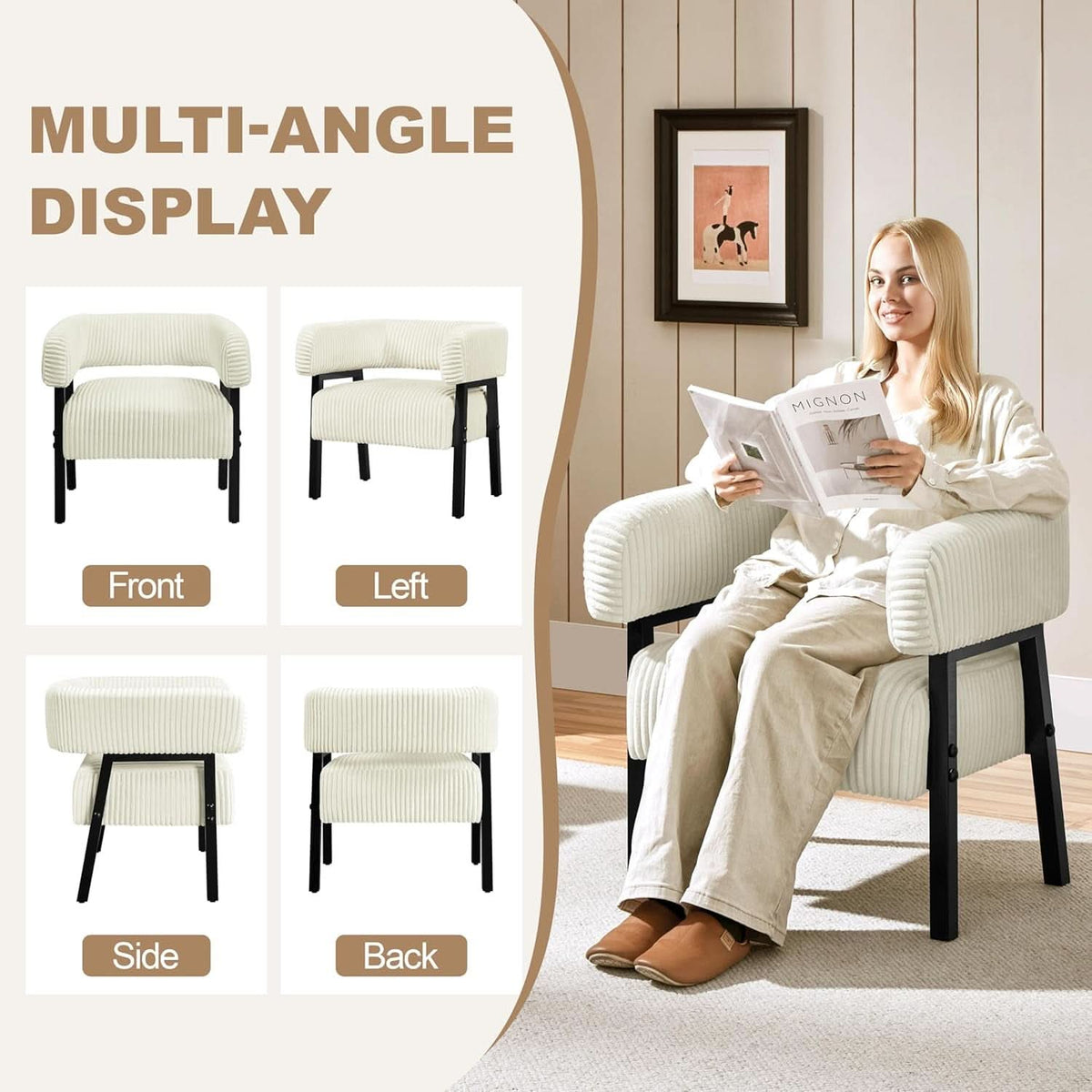 Beige Corduroy Barrel Chair Set Of 2 With Wood Legs