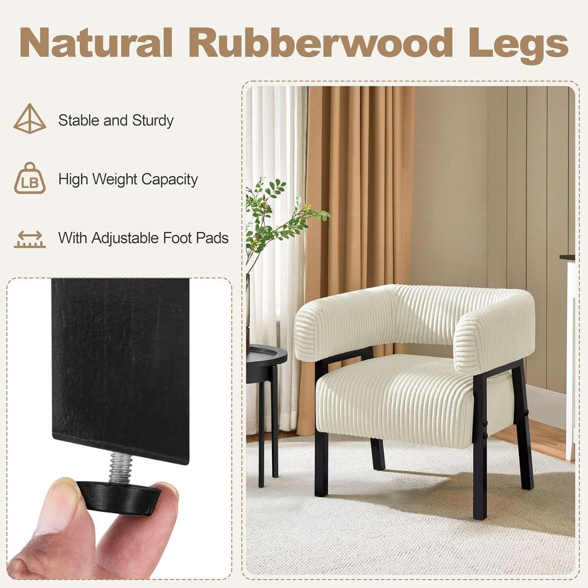 Beige Corduroy Barrel Chair Set Of 2 With Wood Legs