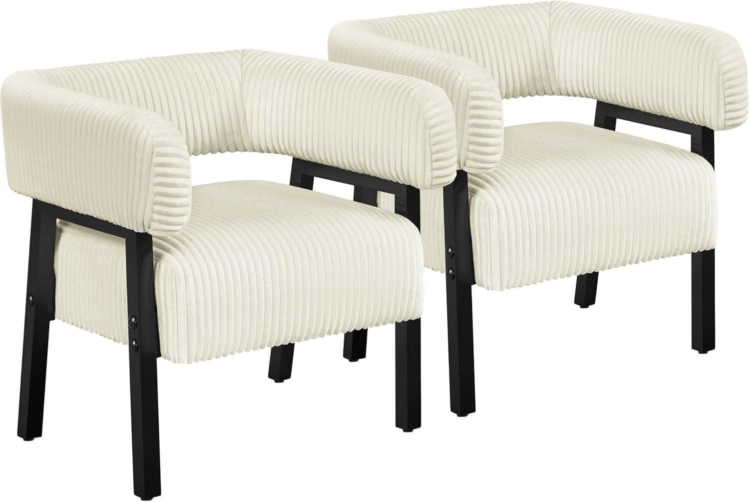 Beige Corduroy Barrel Chair Set Of 2 With Wood Legs
