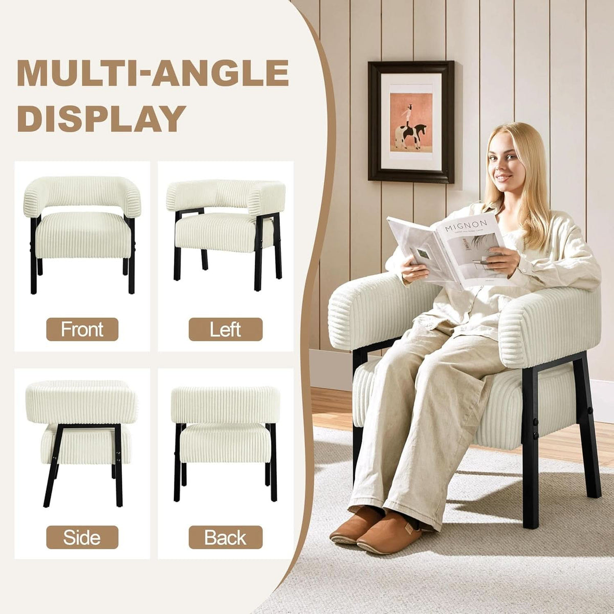Beige Corduroy Barrel Chair With Pocket Coil Support