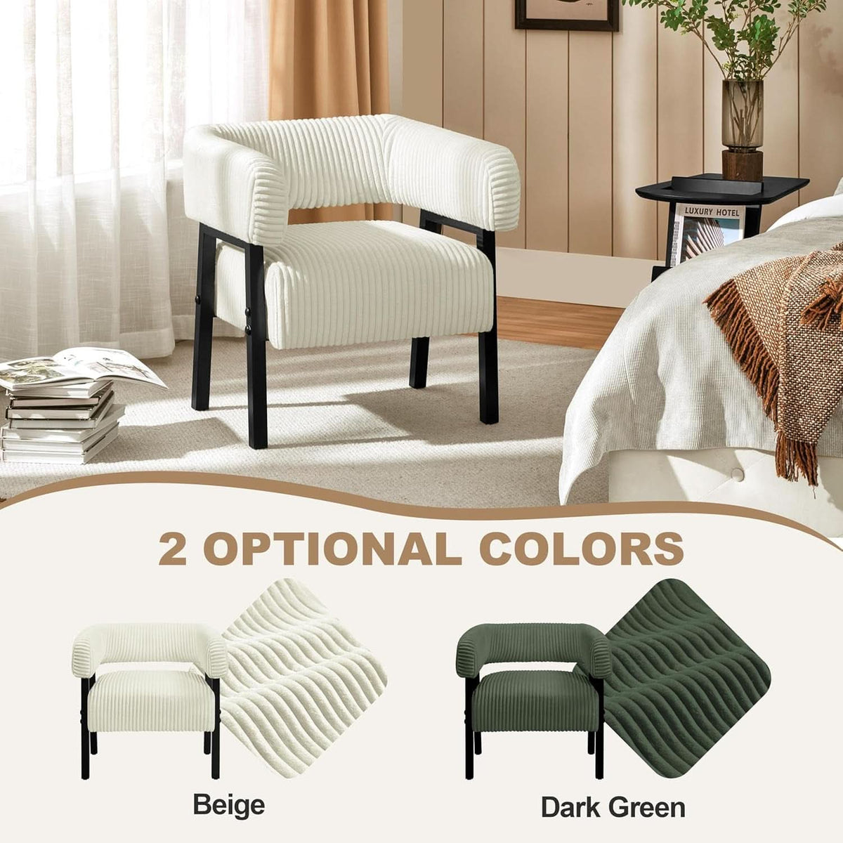 Beige Corduroy Barrel Chair With Pocket Coil Support