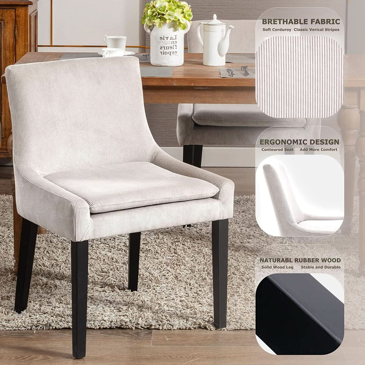 Beige Corduroy Dining Chairs With Wood Legs Set Of 6