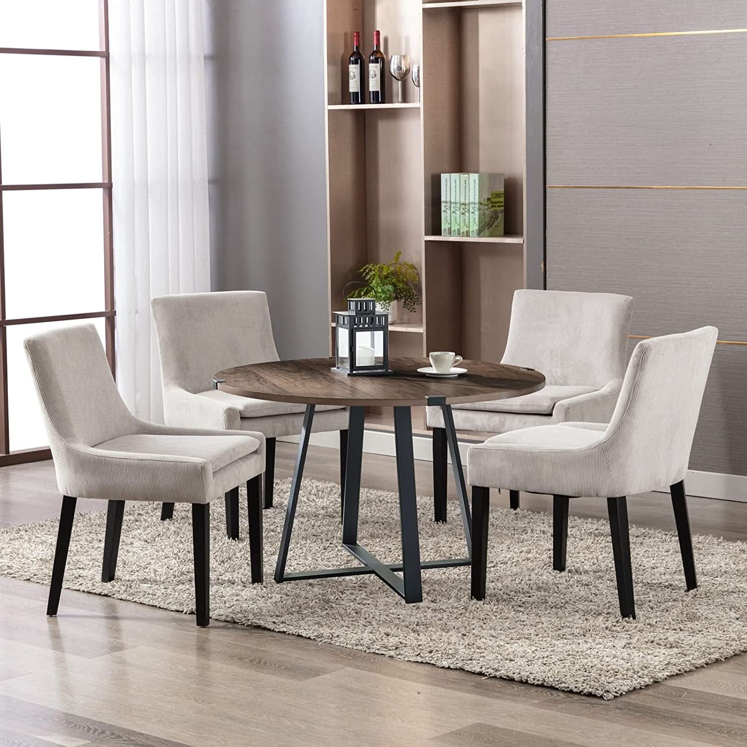 Beige Corduroy Dining Chairs With Wood Legs Set Of 6
