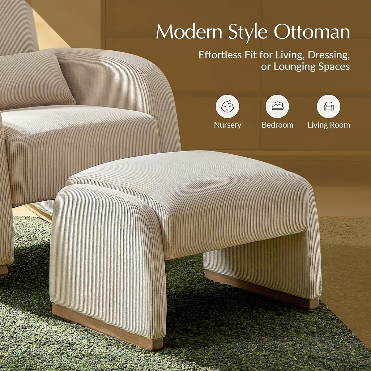 Beige Corduroy Ottoman With Contemporary Wood Legs