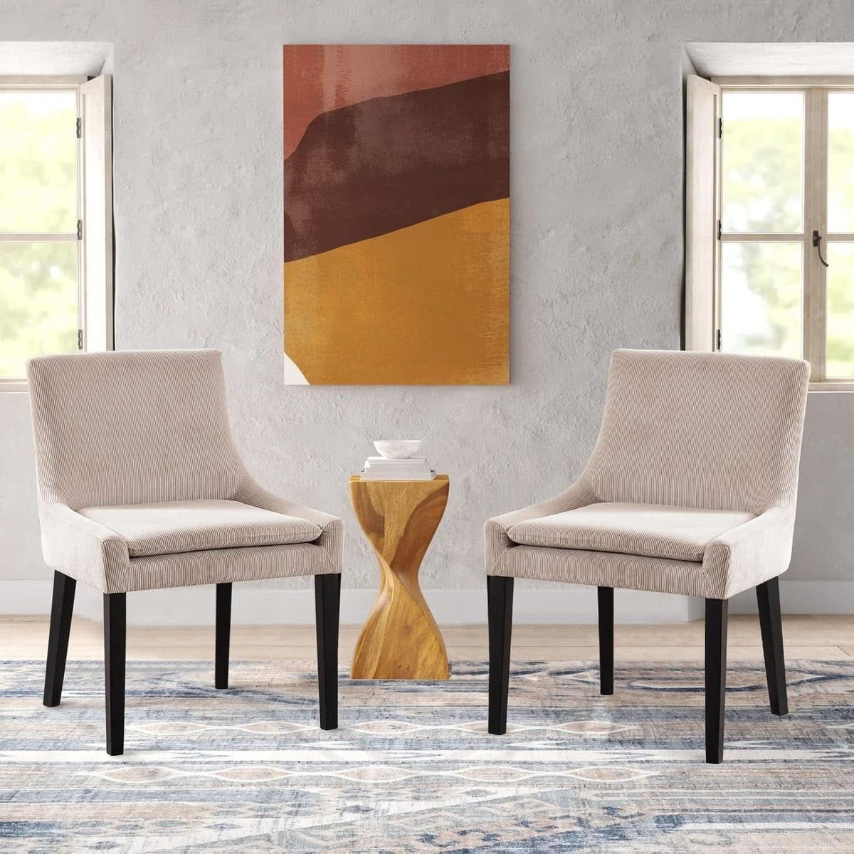 Beige Corduroy Upholstered Dining Chairs Set Of 2 With Wood Legs