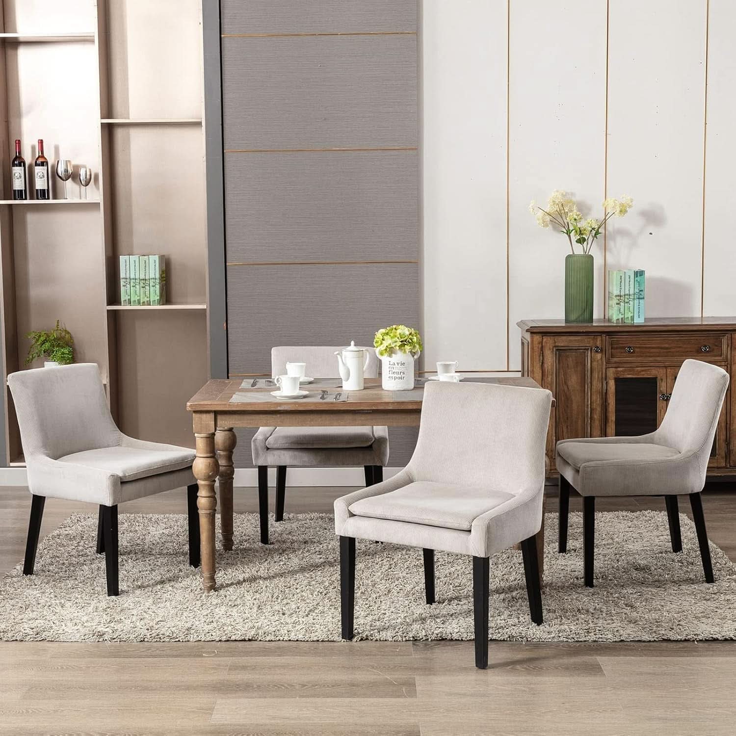 Beige Corduroy Upholstered Dining Chairs Set Of 2 With Wood Legs