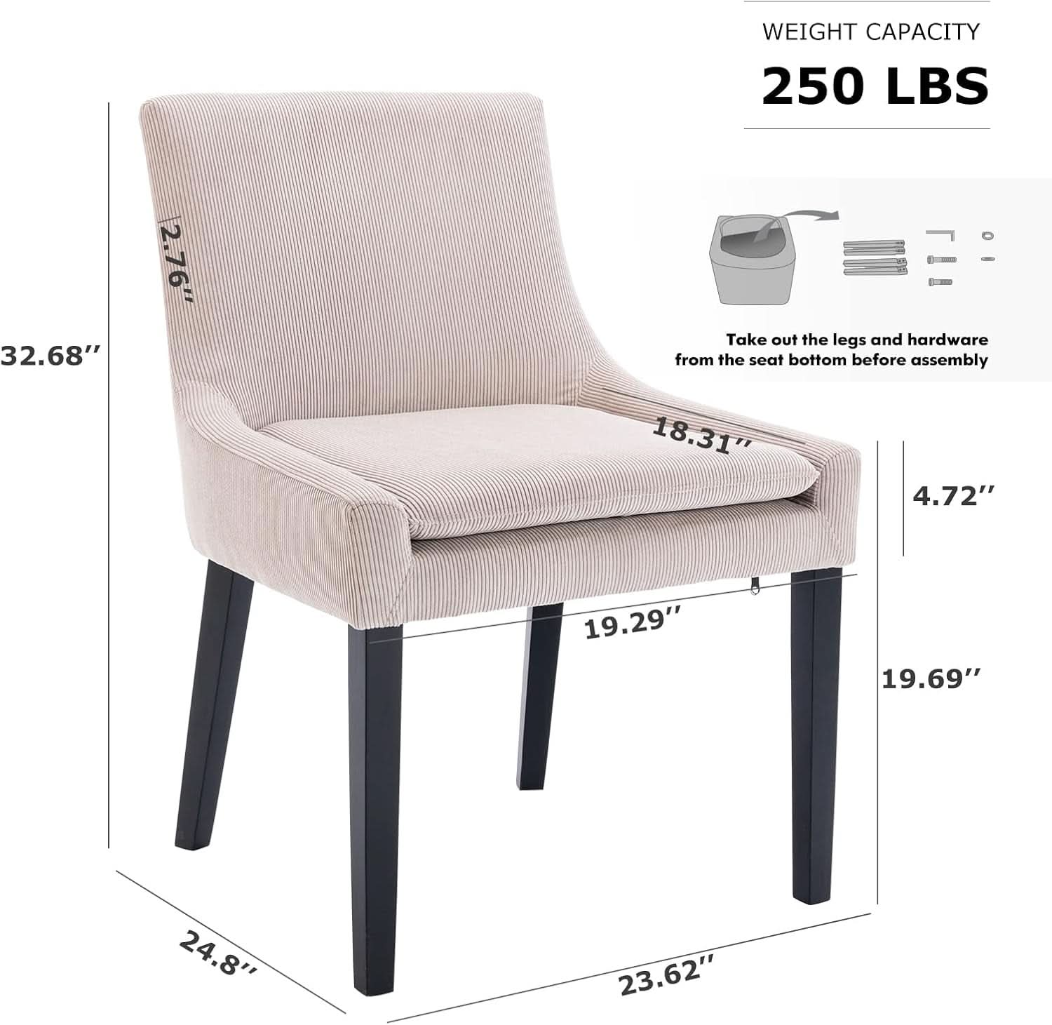 Beige Corduroy Upholstered Dining Chairs Set Of 2 With Wood Legs