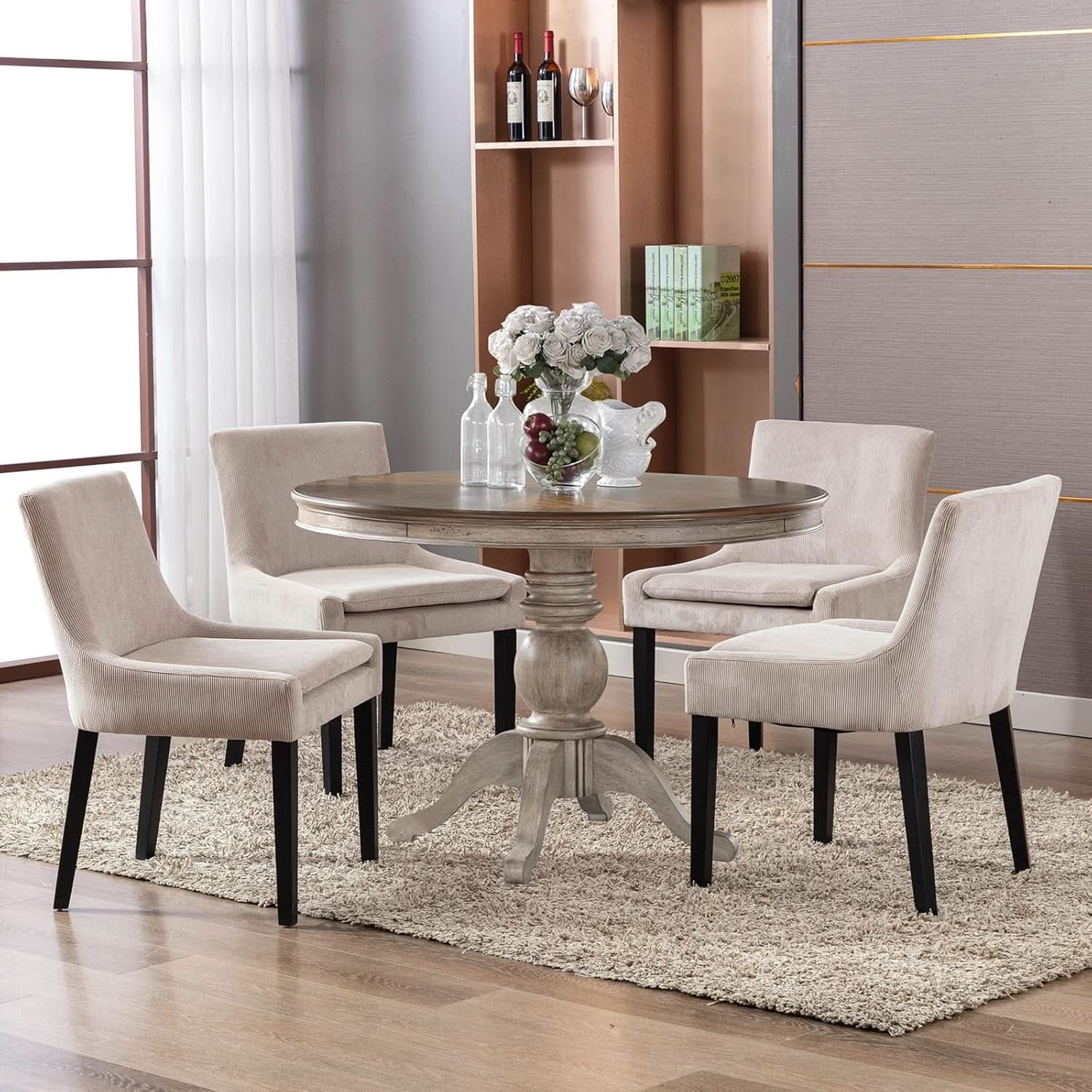 Beige Corduroy Upholstered Dining Chairs Set Of 2 With Wood Legs