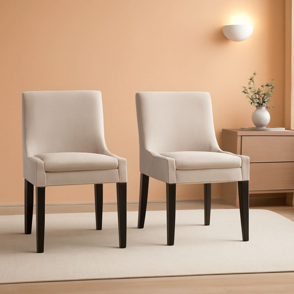 Beige Corduroy Upholstered Dining Chairs Set Of 2 With Wood Legs
