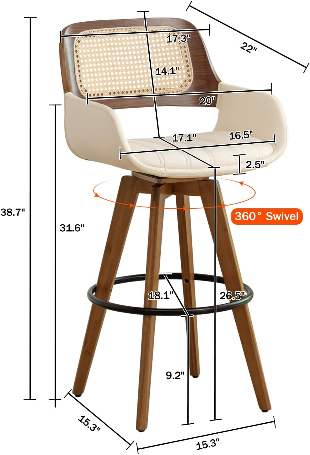 Beige Counter Height Rattan Swivel Bar Stools Pair