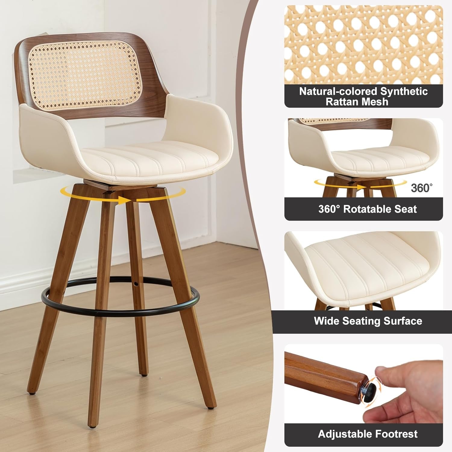 Beige Counter Height Rattan Swivel Bar Stools Pair