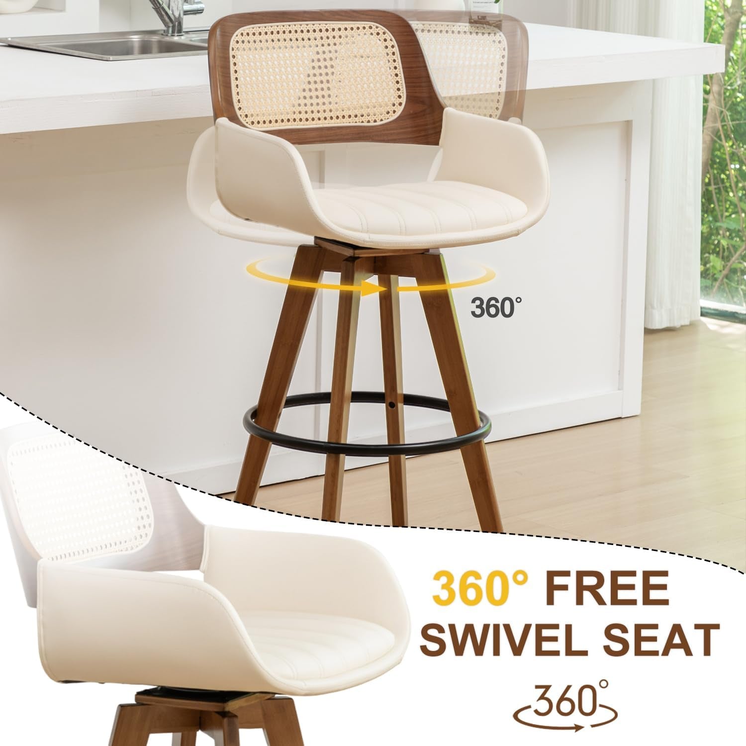 Beige Counter Height Rattan Swivel Bar Stools Pair