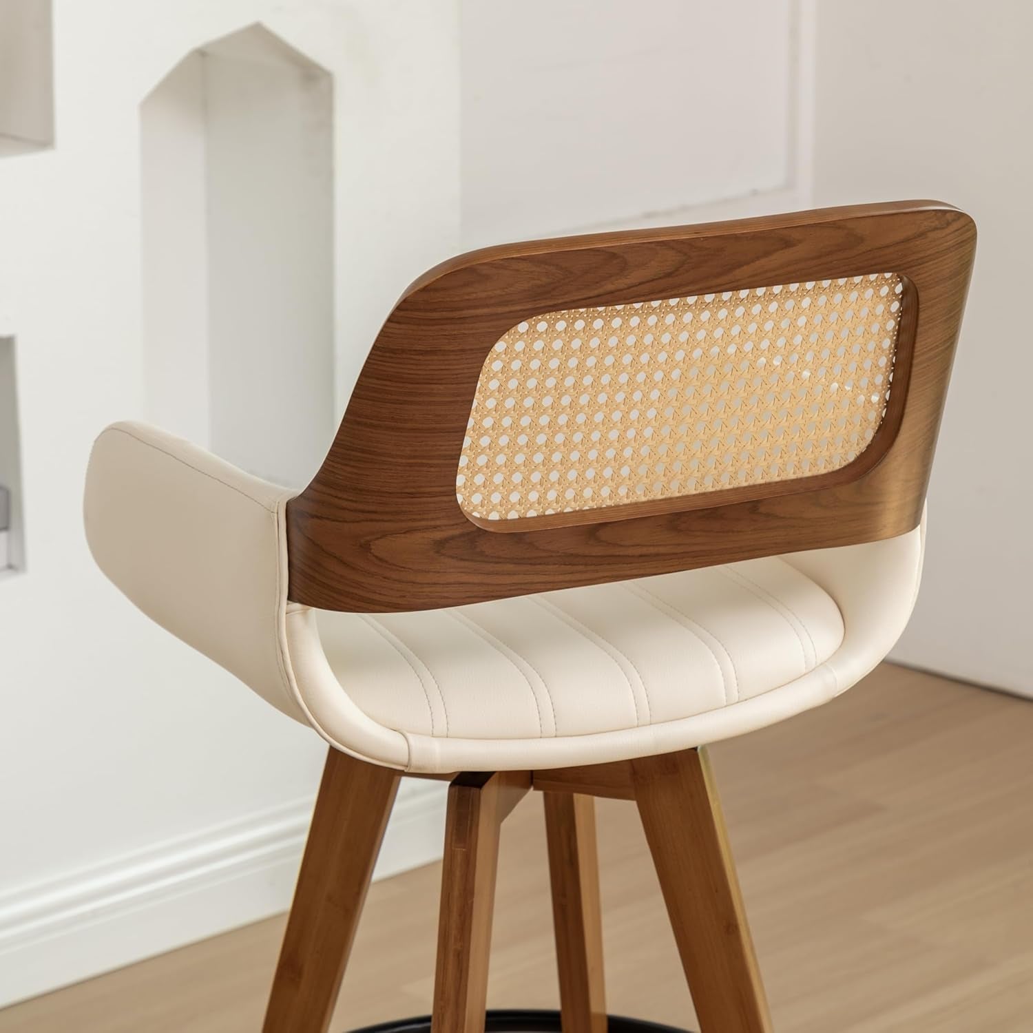 Beige Counter Height Rattan Swivel Bar Stools Pair