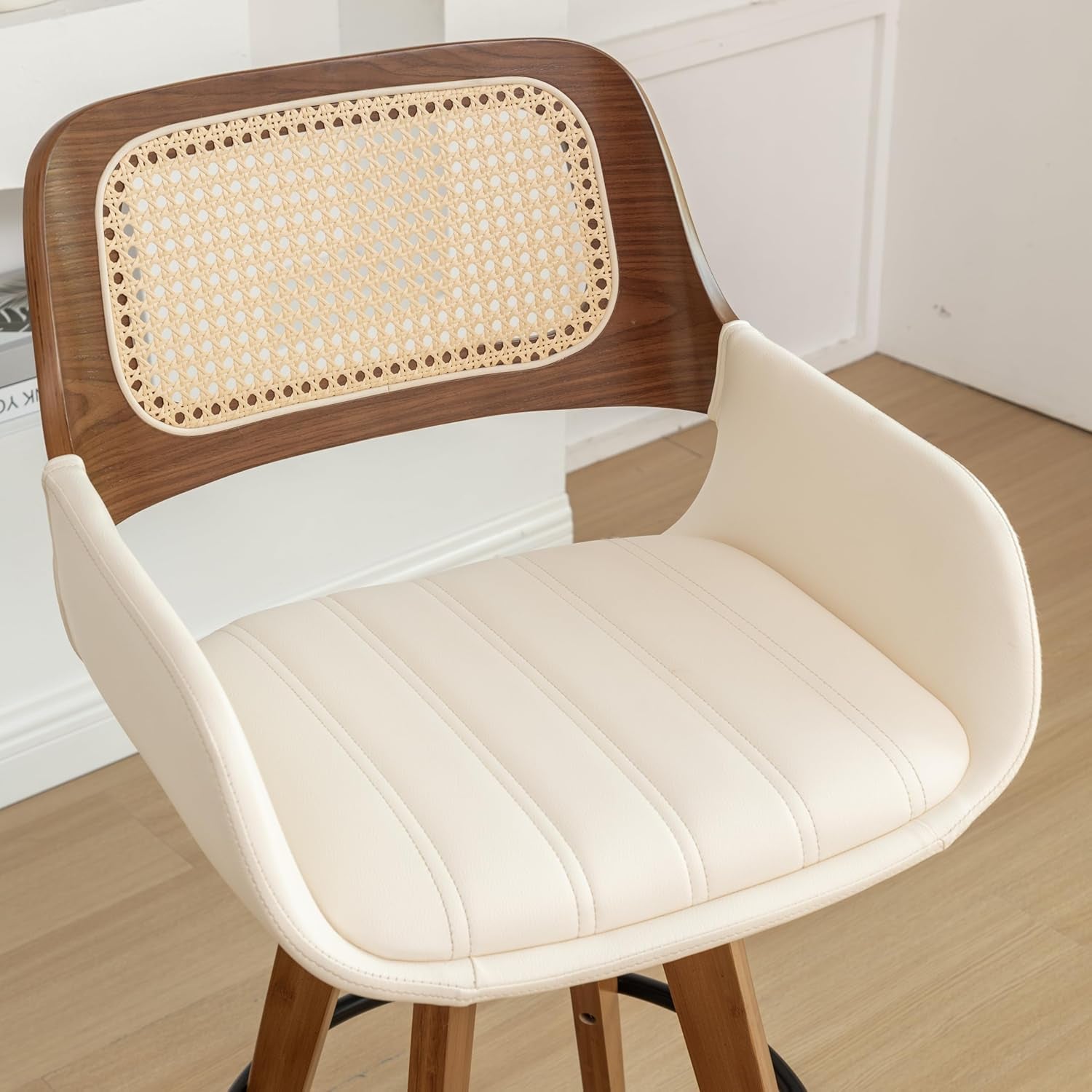 Beige Counter Height Rattan Swivel Bar Stools Pair