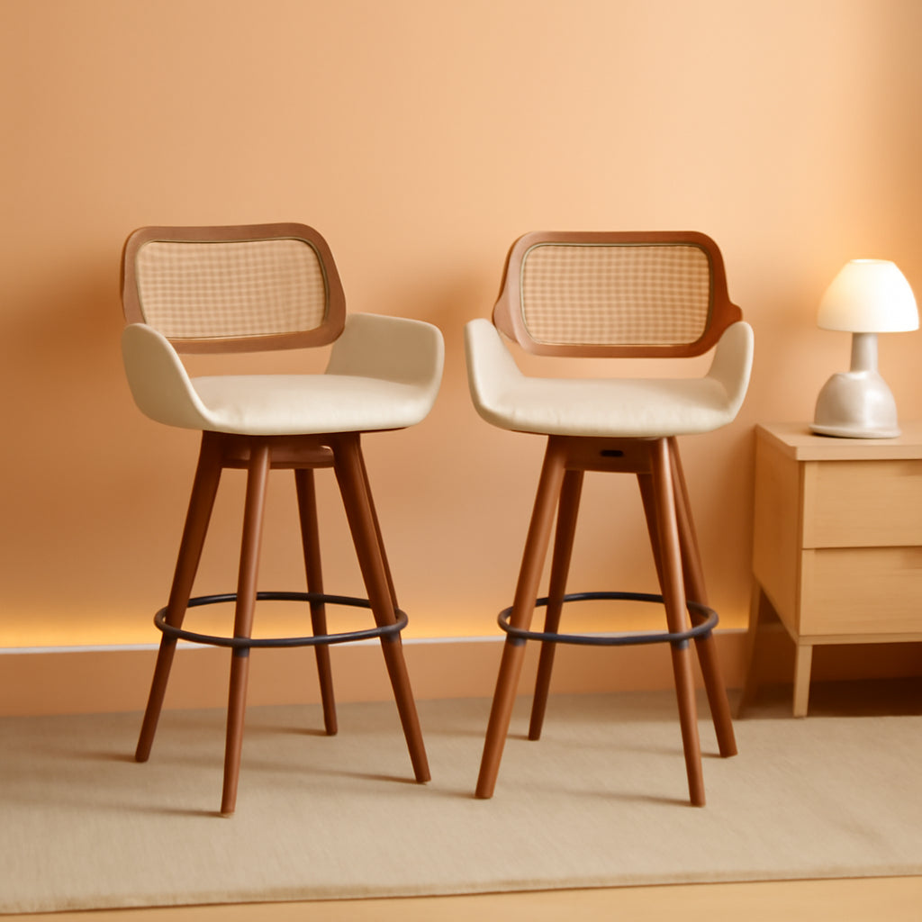 Beige Counter Height Rattan Swivel Bar Stools Pair