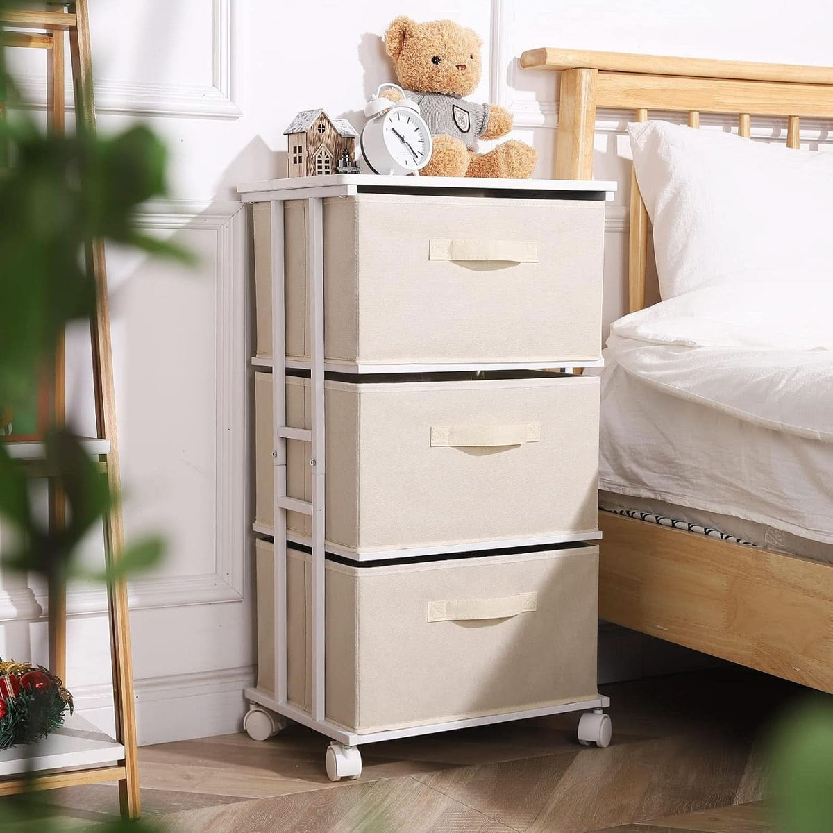 Beige Dresser Tower With 3 Drawers And Wood Top Fabric