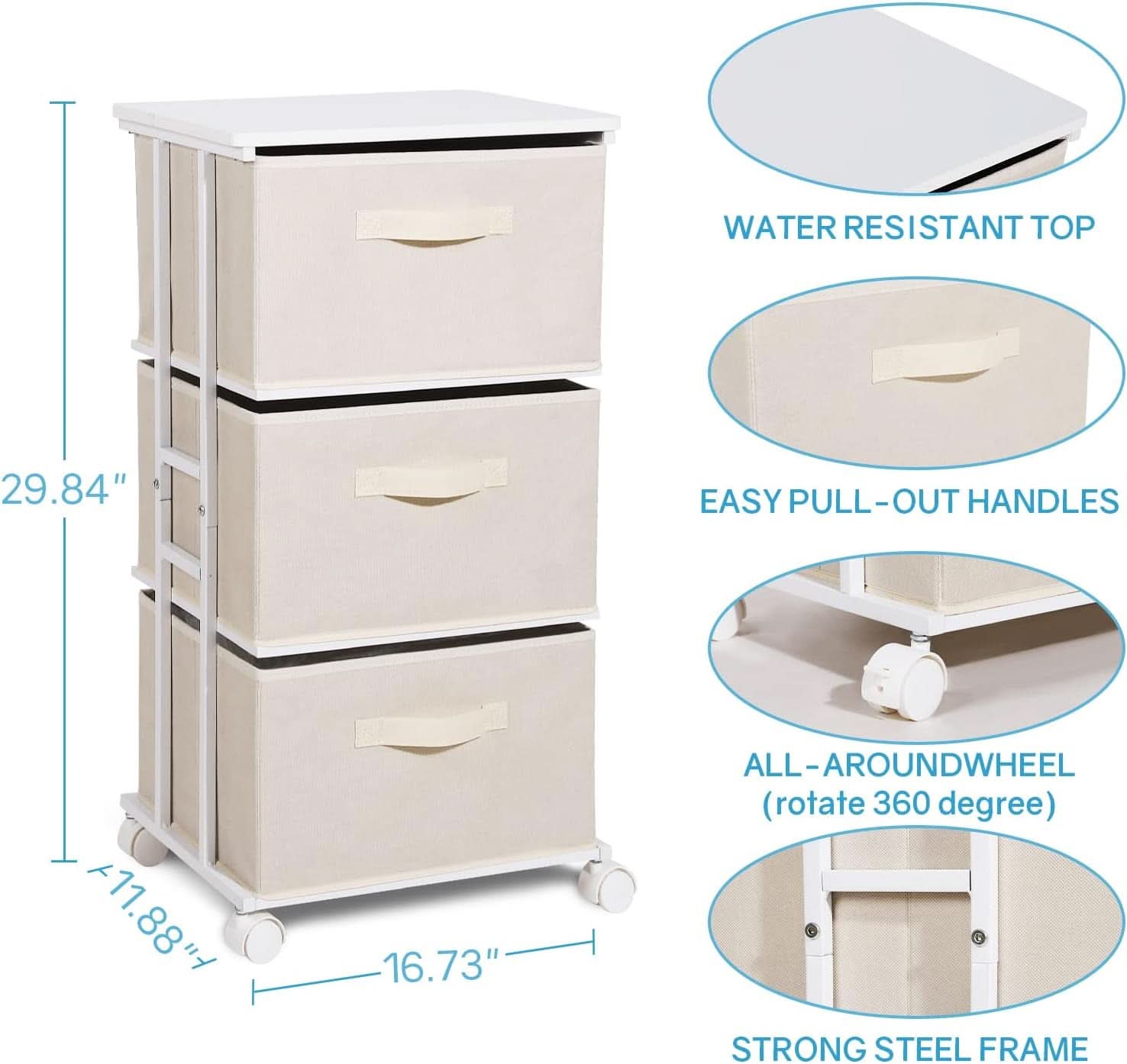 Beige Dresser Tower With 3 Drawers And Wood Top Fabric