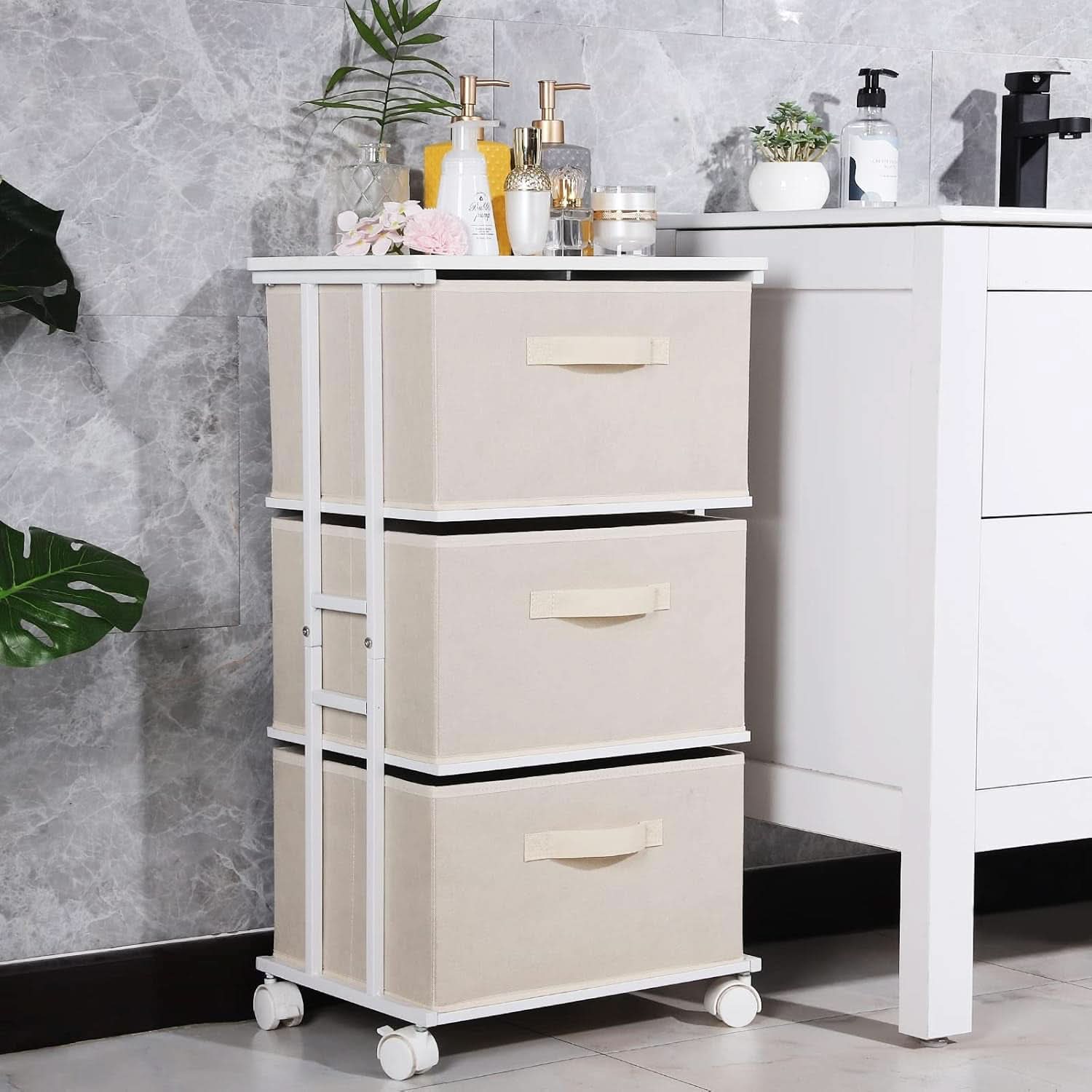 Beige Dresser Tower With 3 Drawers And Wood Top Fabric