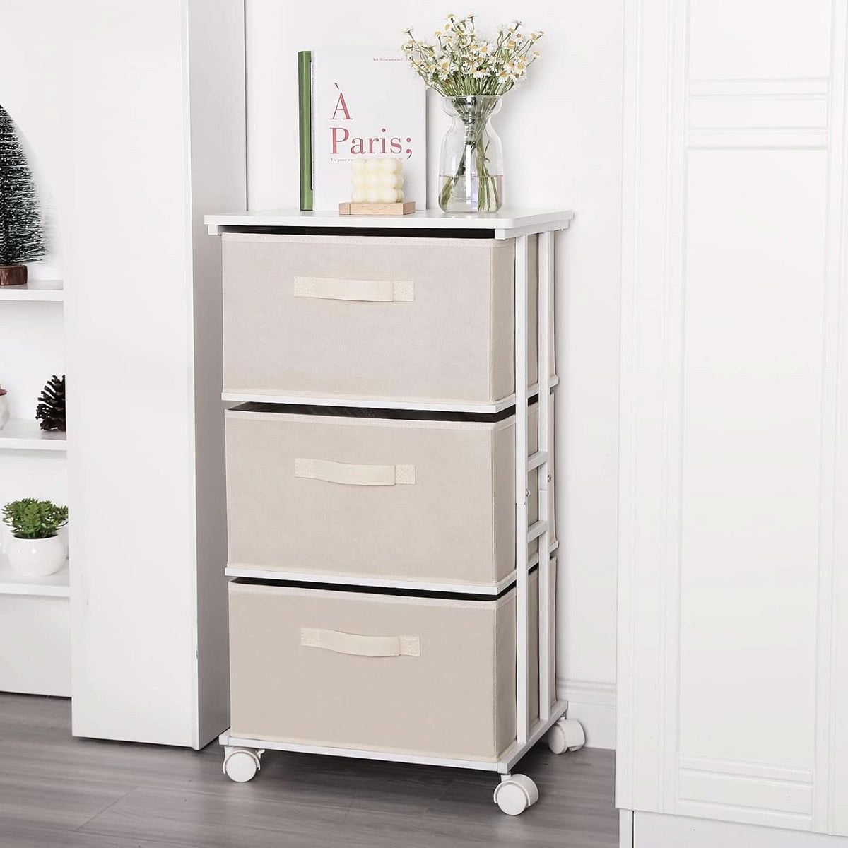 Beige Dresser Tower With 3 Drawers And Wood Top Fabric