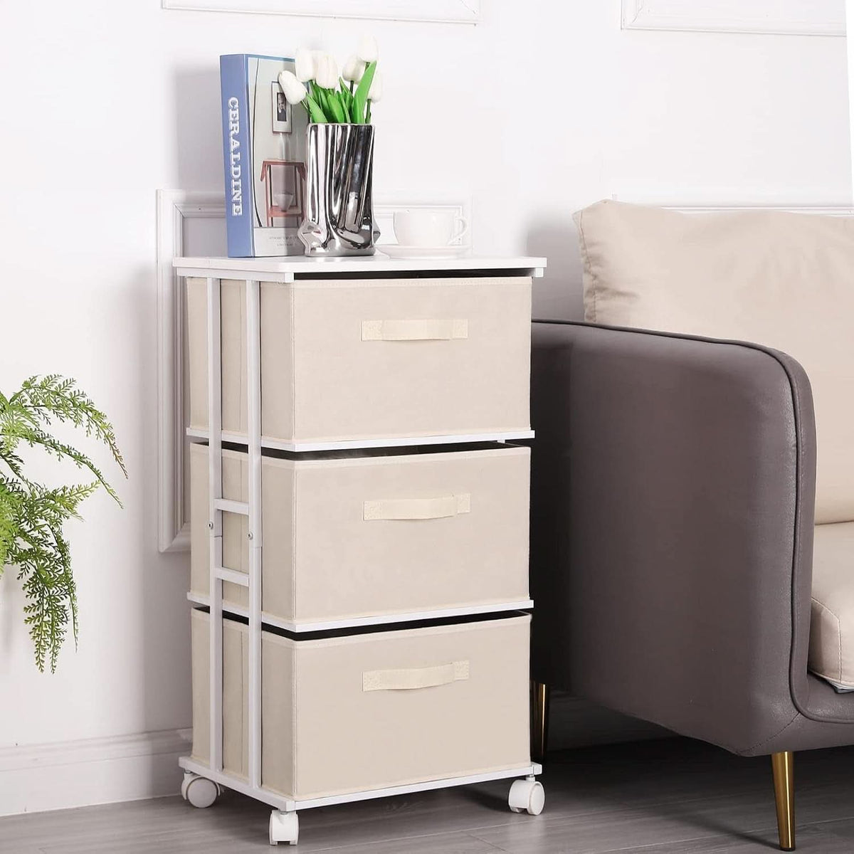 Beige Dresser Tower With 3 Drawers And Wood Top Fabric
