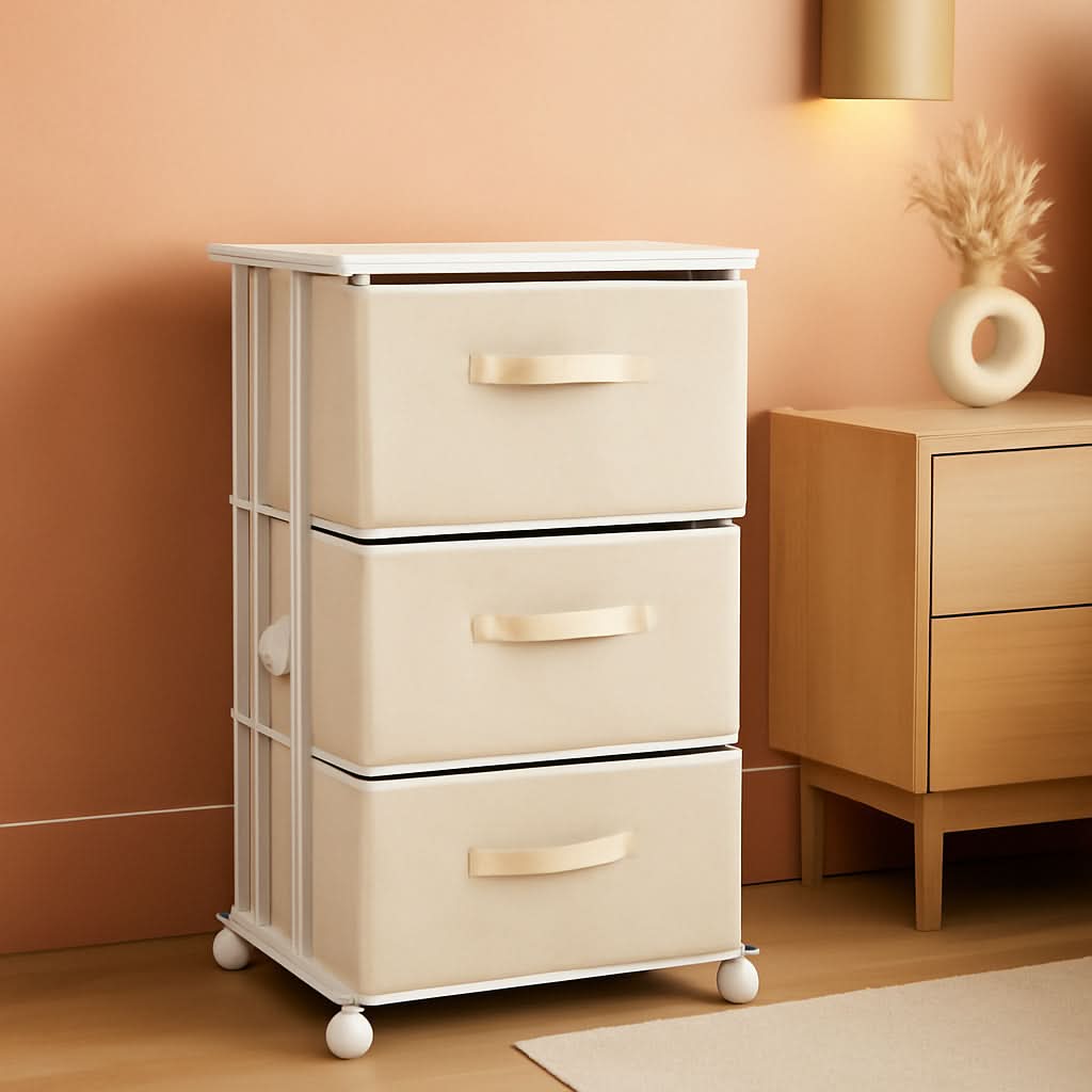 Beige Dresser Tower With 3 Drawers And Wood Top Fabric