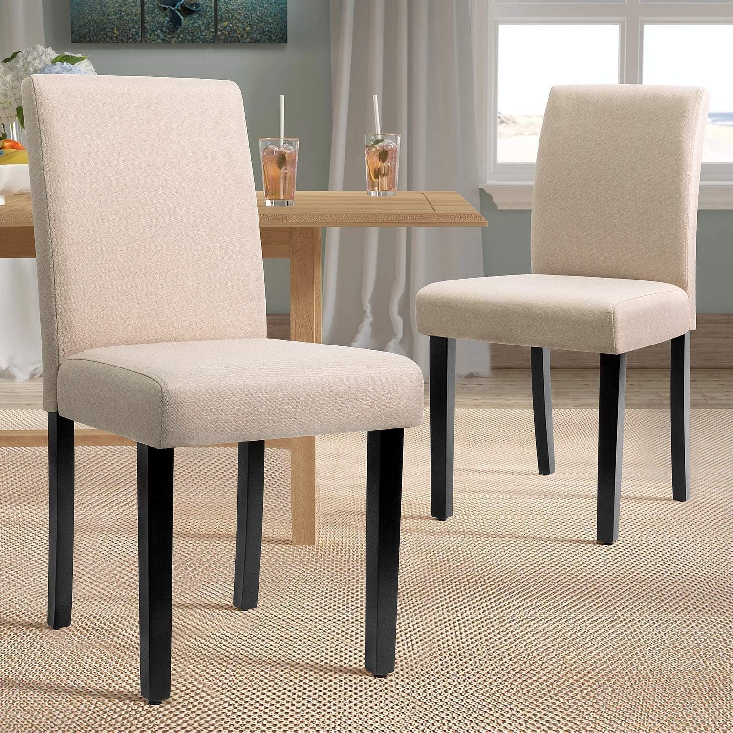 Beige Fabric Armless Dining Chair Set Of 4 With Wood Legs