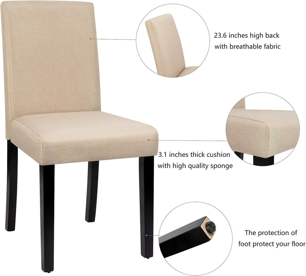Beige Fabric Armless Dining Chair Set Of 4 With Wood Legs