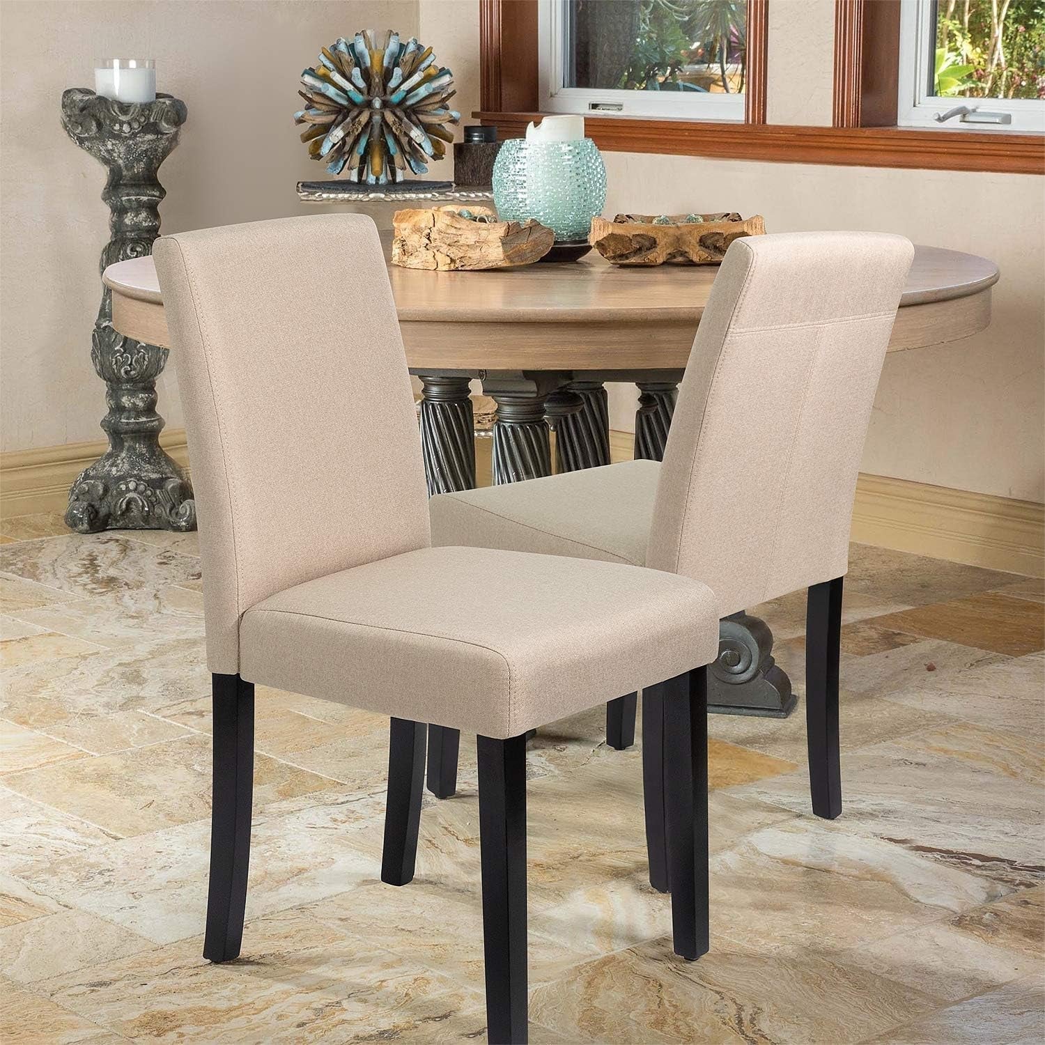 Beige Fabric Armless Dining Chair Set Of 4 With Wood Legs