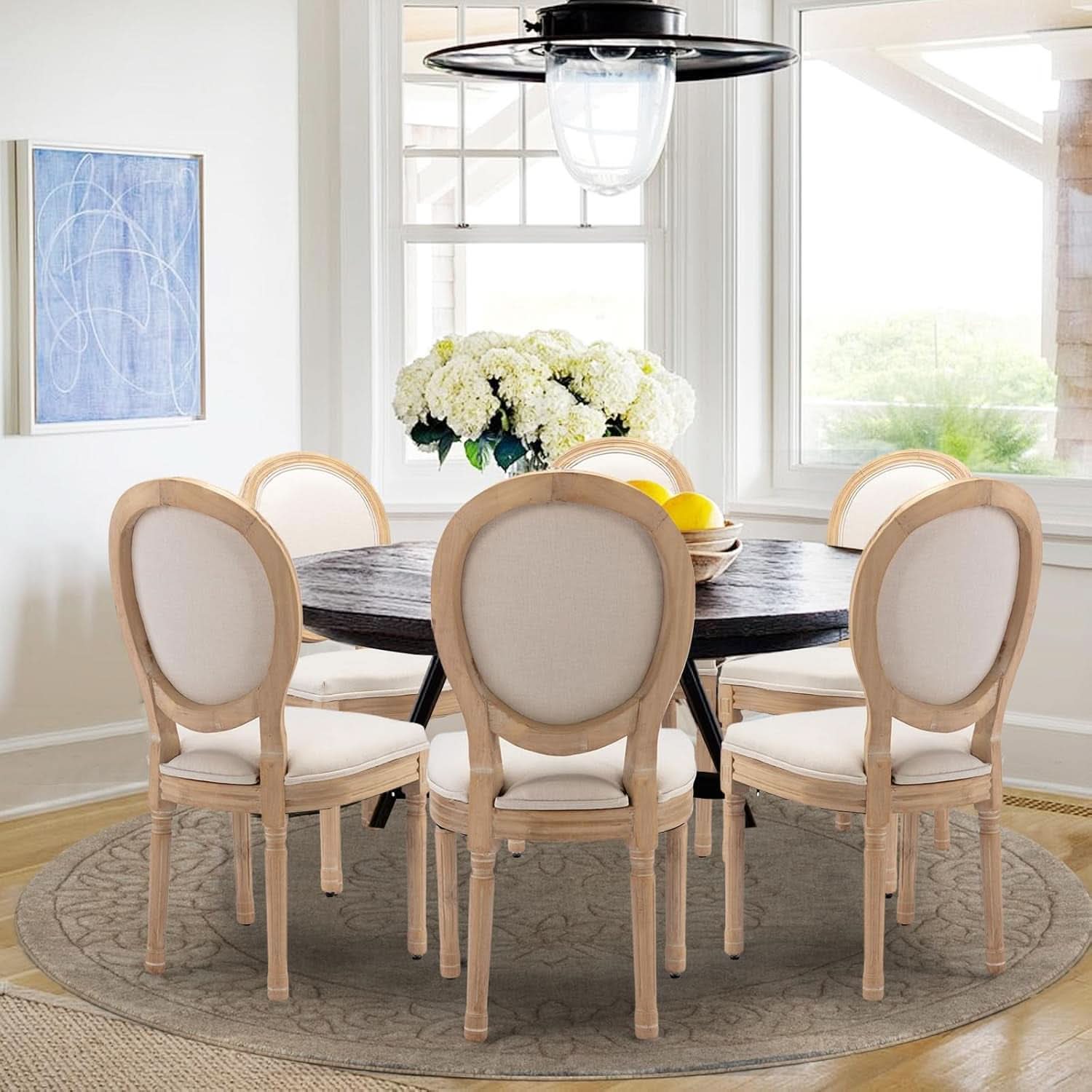 Beige Fabric French Country Dining Chairs Set Of 6 Oval Back