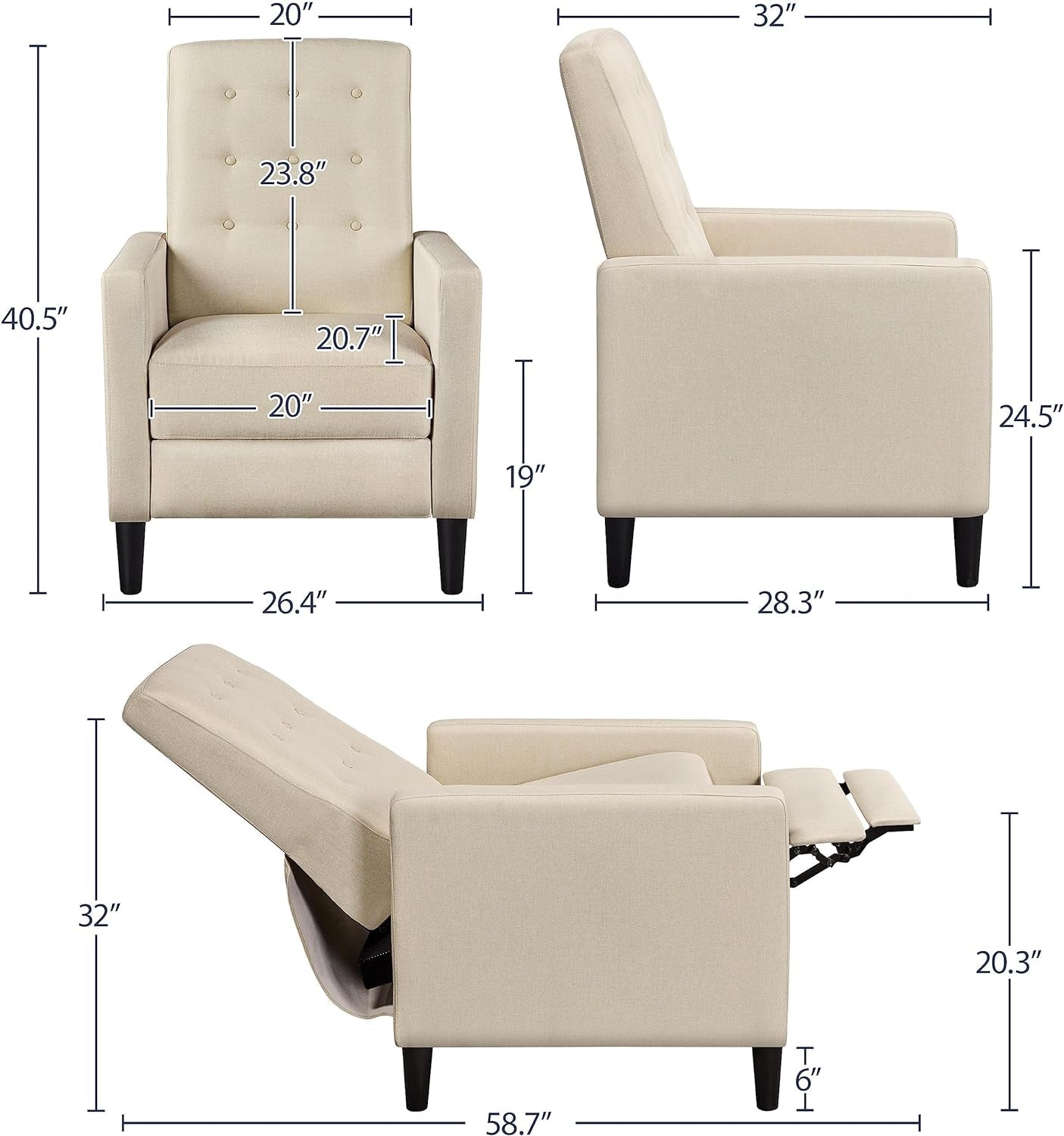 Beige Fabric Recliner Chair Adjustable Mid Century Modern