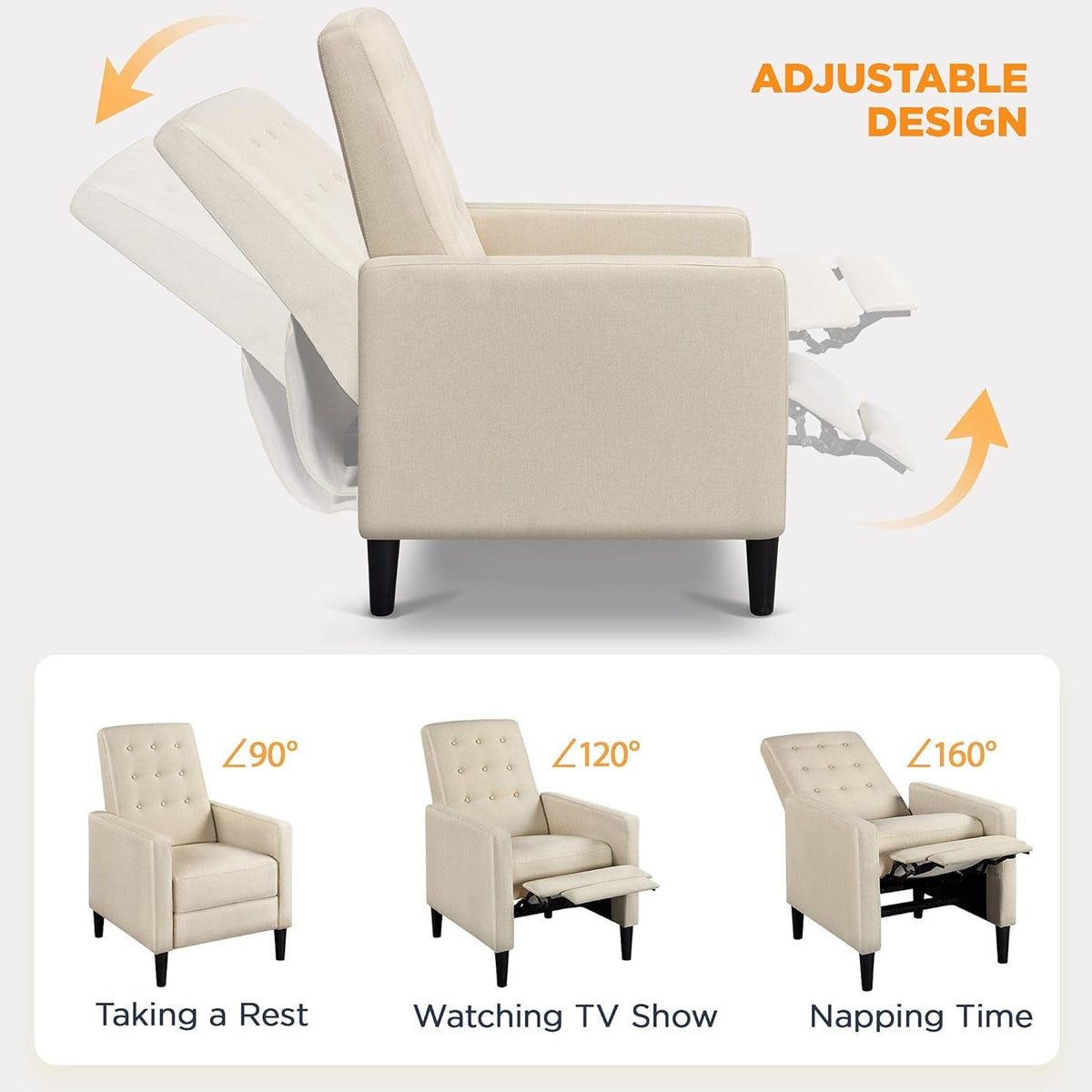 Beige Fabric Recliner Chair Adjustable Mid Century Modern