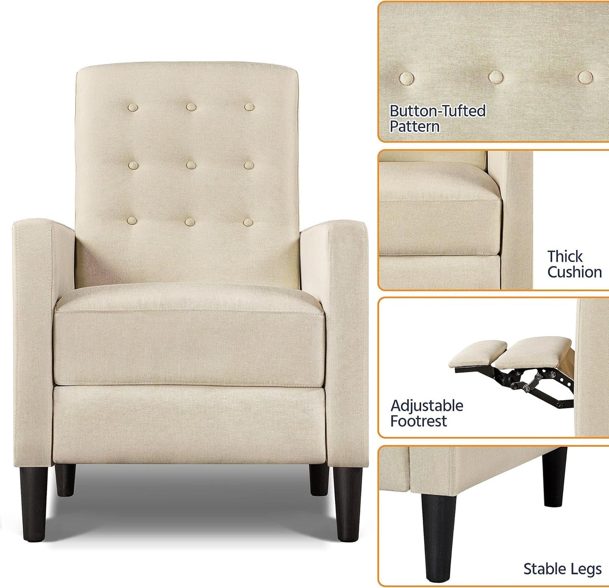 Beige Fabric Recliner Chair Adjustable Mid Century Modern