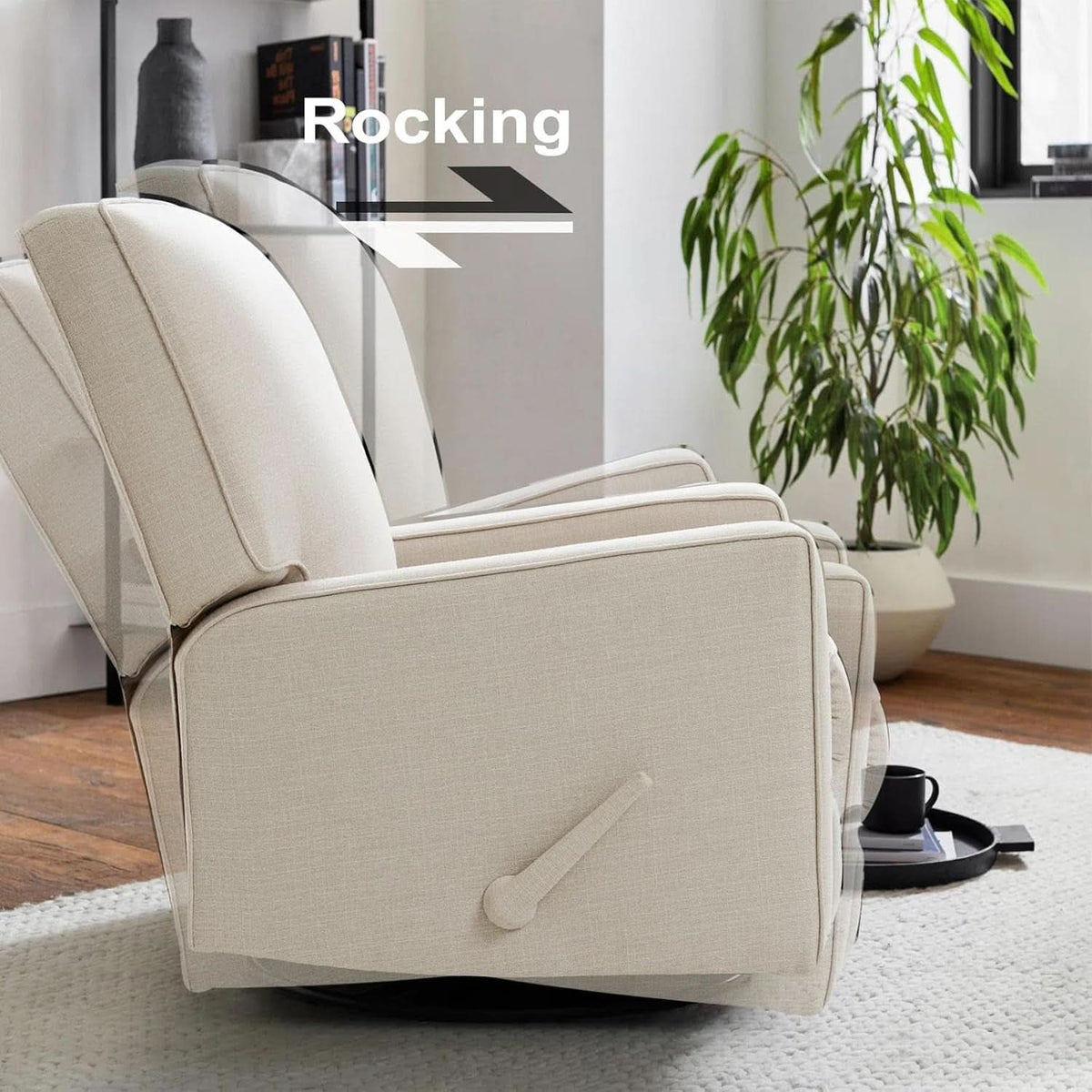 Beige Fabric Swivel Rocker Recliner Armchair DeepSeat