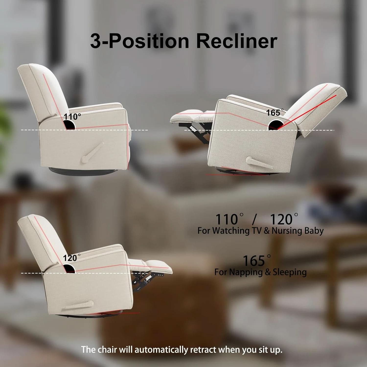 Beige Fabric Swivel Rocker Recliner Armchair DeepSeat