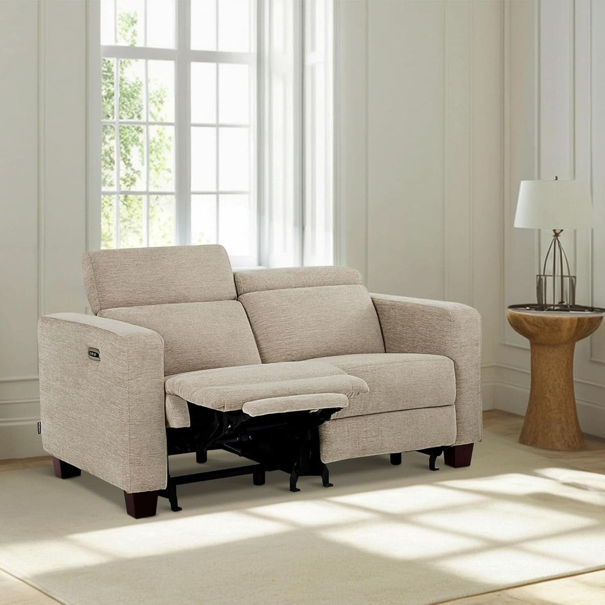 Beige Fabric Wall Hugger Power Loveseat Recliner USB