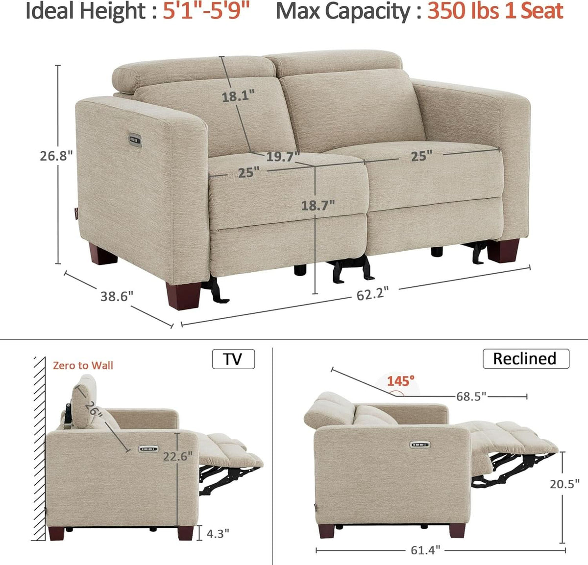 Beige Fabric Wall Hugger Power Loveseat Recliner USB