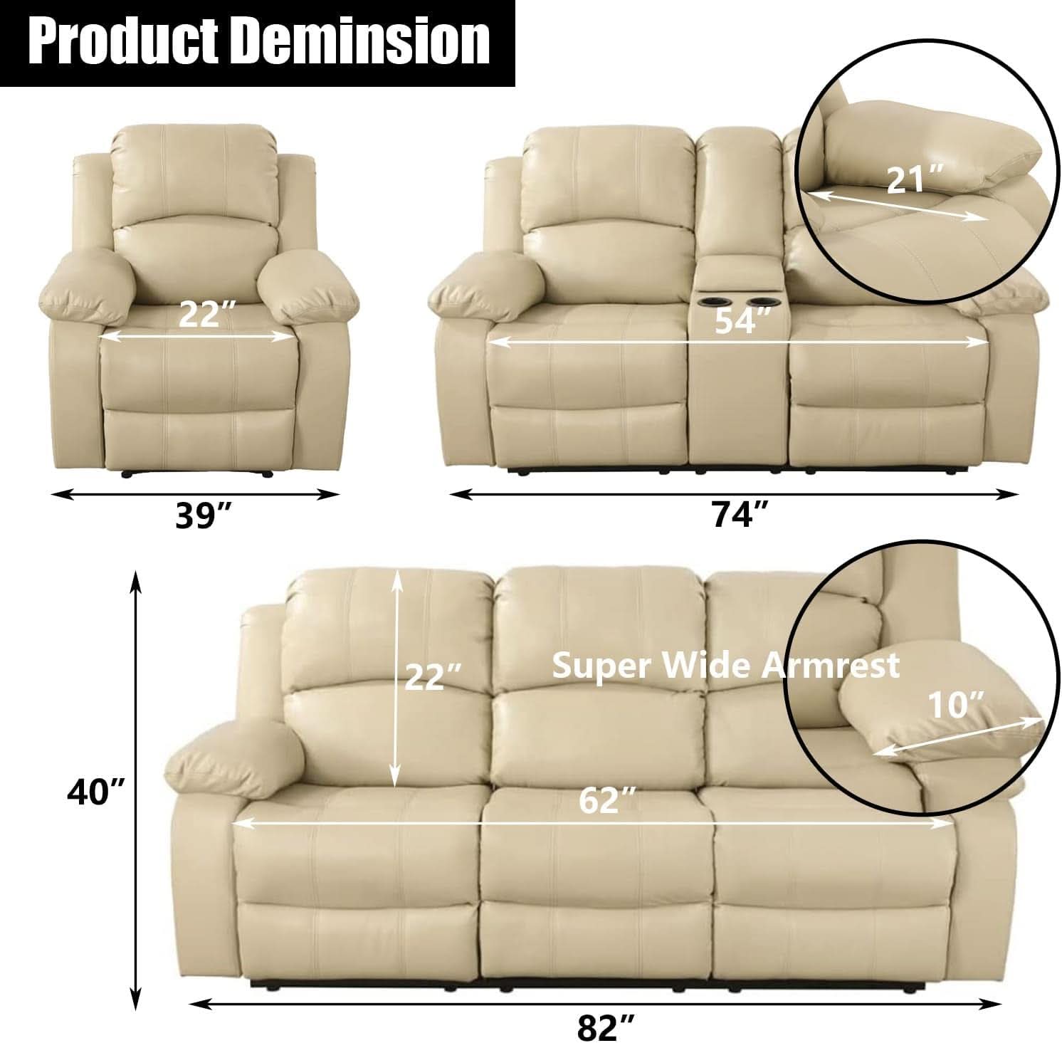 Beige Faux Leather Reclining Sofa Set With Storage Console