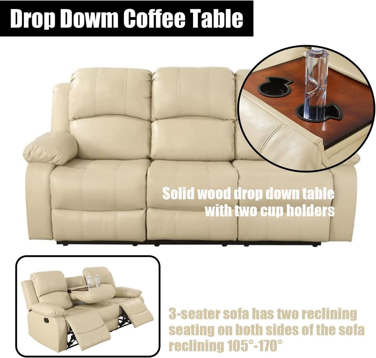 Beige Faux Leather Reclining Sofa Set With Storage Console
