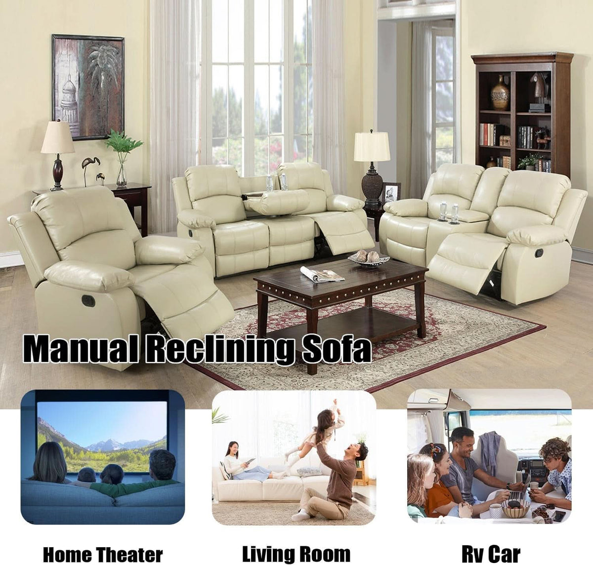 Beige Faux Leather Reclining Sofa Set With Storage Console
