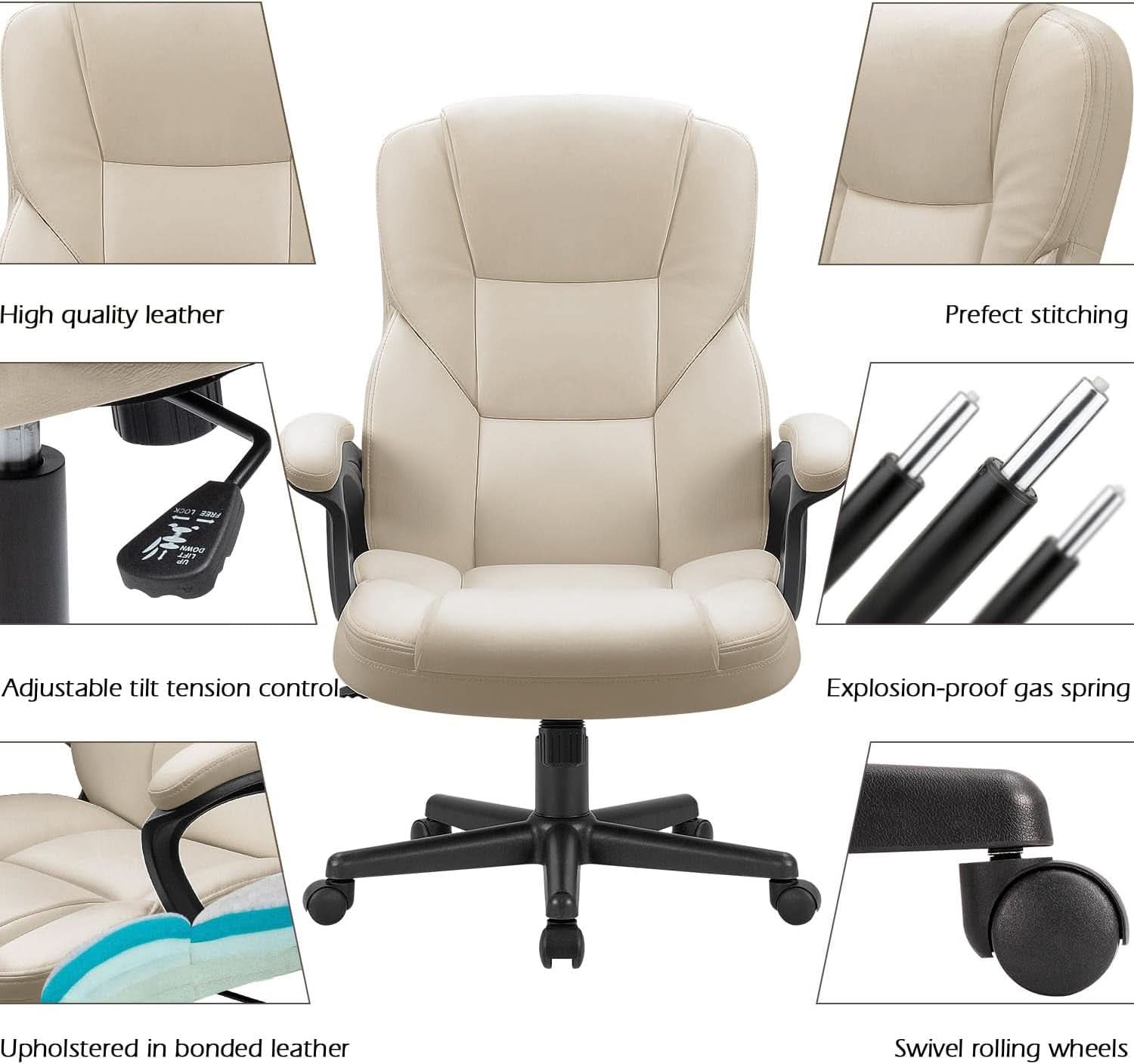 Beige High Back Office Chair With Adjustable Height And Lumbar Support